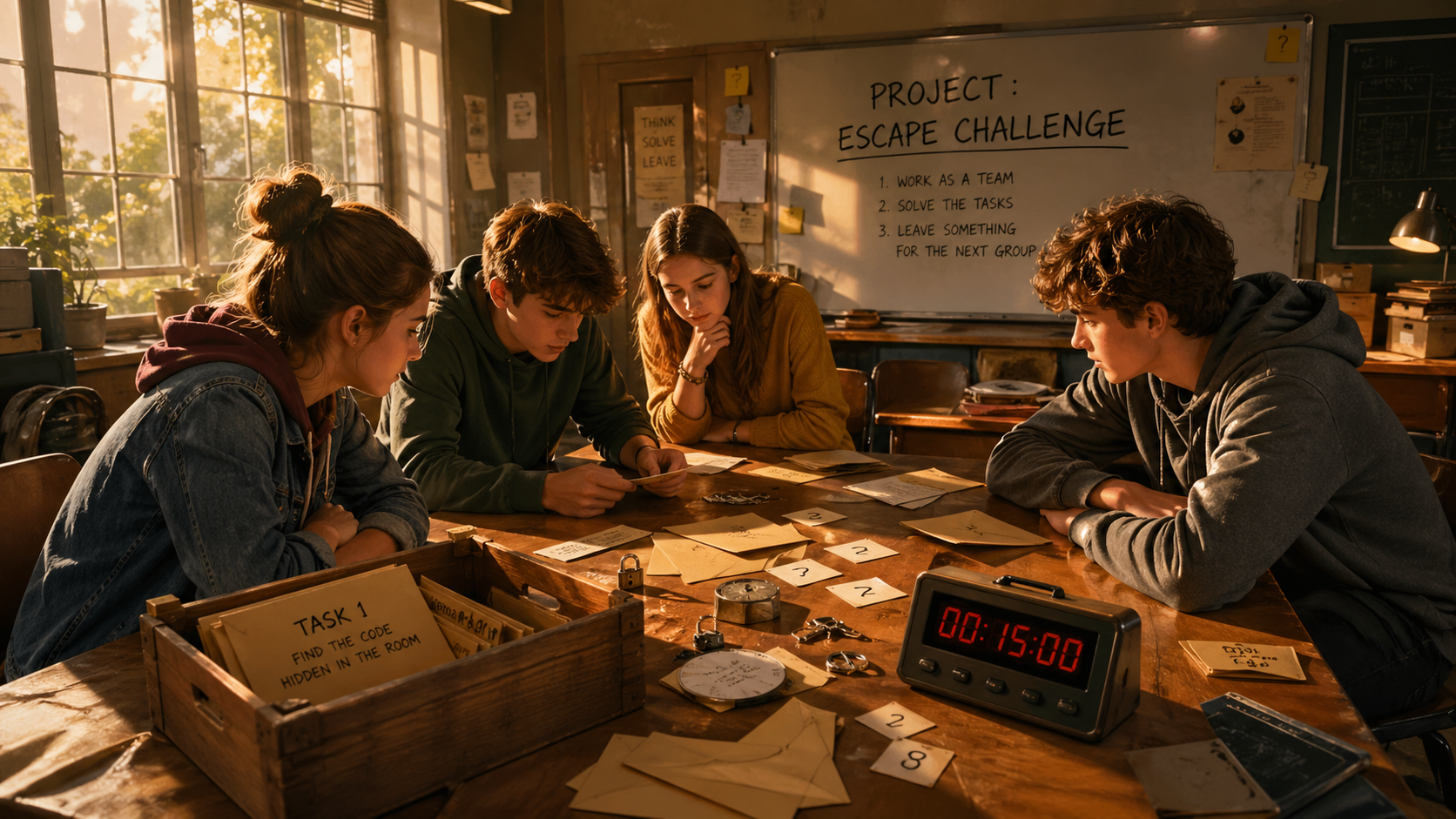 Four teenagers working together in a hidden school escape-room project classroom